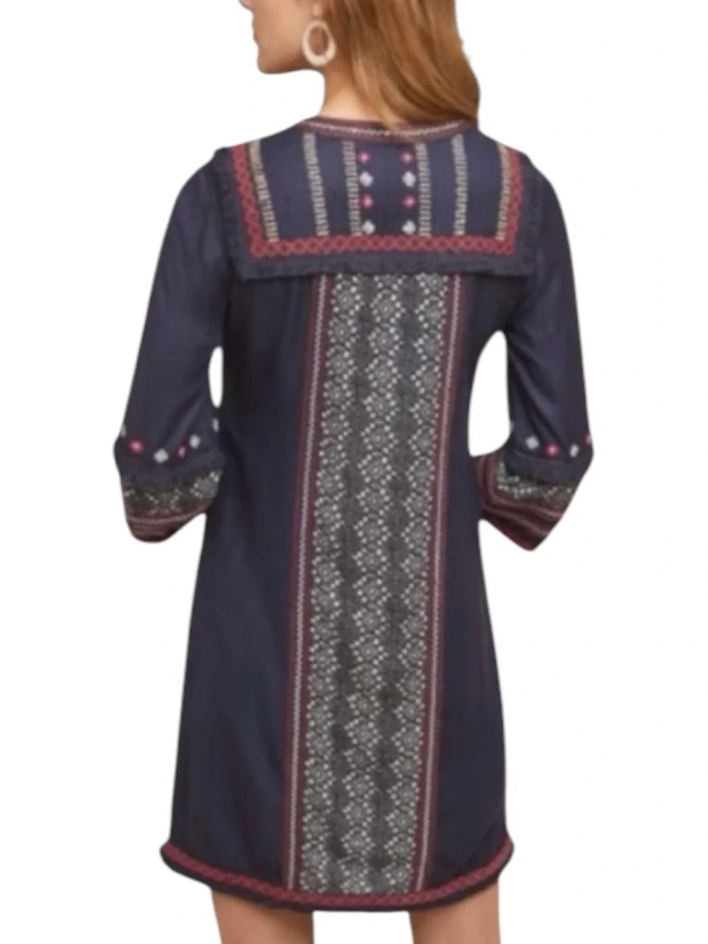 Akemi + Kin Anthropologie Embroidered Boho Shift Dress Navy Fringe Size 6